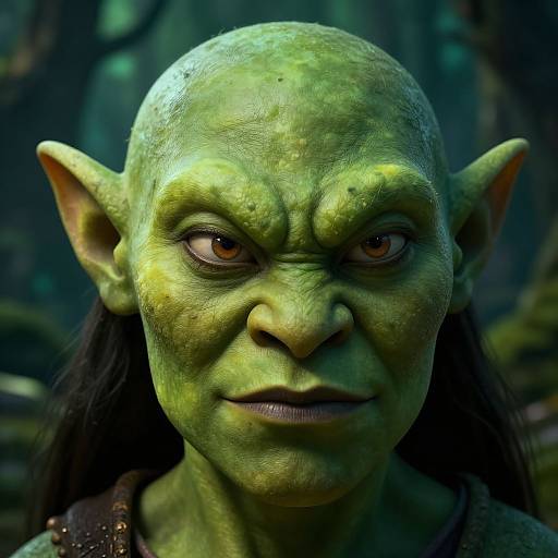 Photorealistic CGI of a green-skinned, bald, goblin-like creature with pointed ears, intense brown eyes, and a focused expression in a