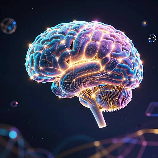 Digital artwork of a glowing, neon-colored brain floating in space, illuminated with blue, purple, and yellow lights, set against a dark, starry