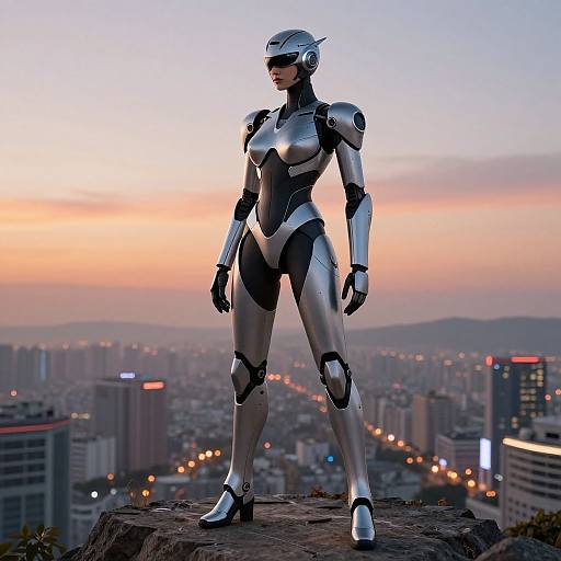 Photorealistic CGI of a silver and black robotic woman with a helmet, standing confidently on a rooftop at sunset, overlooking a city skyline with illuminated buildings