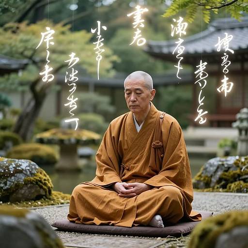 Photograph of a serene elderly Buddhist monk with shaved head, wearing an orange robe, meditating in a traditional Japanese garden. Japanese calligraphy floats above