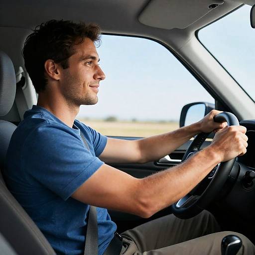 Joyful Drive: Man in Blue Shirt