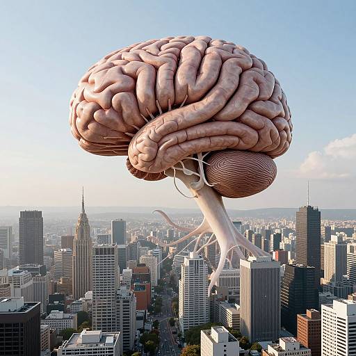 Digital artwork of a giant, pink human brain with detailed wrinkles, hovering above a cityscape of skyscrapers under a clear blue sky.