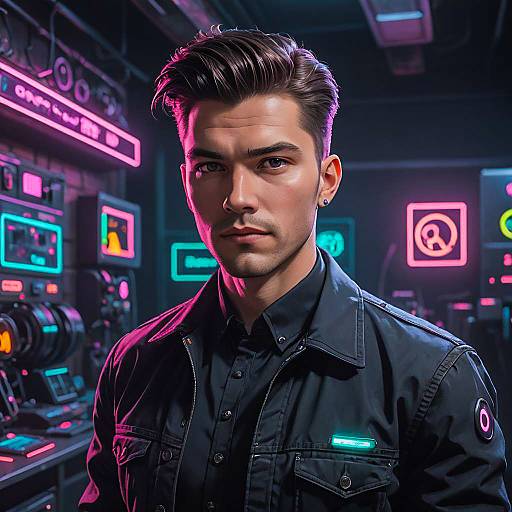 Young Male Technician in Neon-lit Room