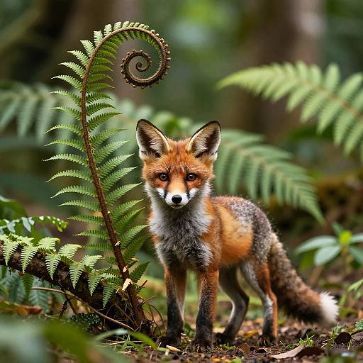 Photograph of a red fox with alert eyes, standing amidst lush green ferns in a forest, showcasing its vibrant orange and white fur.
