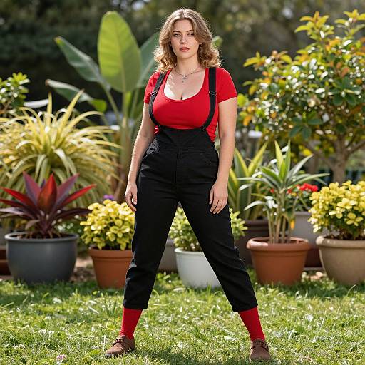 Photograph of a curvy woman with wavy brown hair, red top, black overalls, red socks, and brown shoes, standing in a