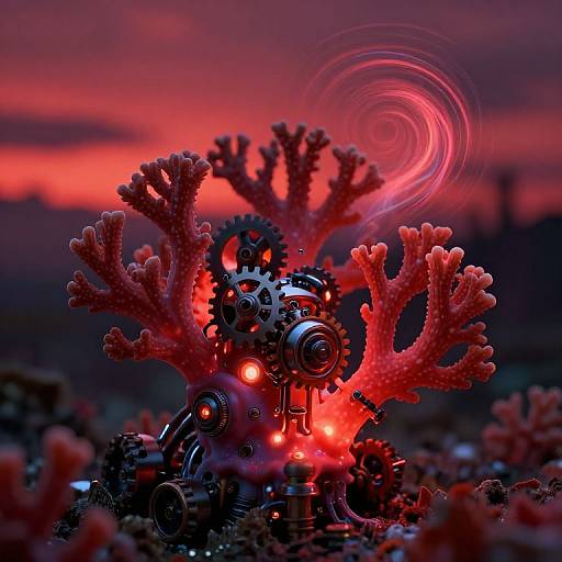 Photograph of a steampunk-style mechanical creature with red coral antlers, gears, and glowing red lights, set against a vibrant red and purple