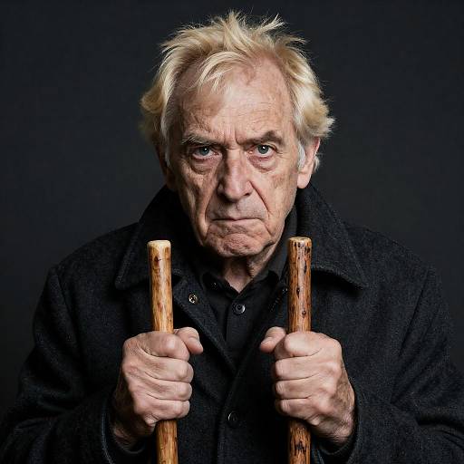 Intense Old Man with Wooden Sticks