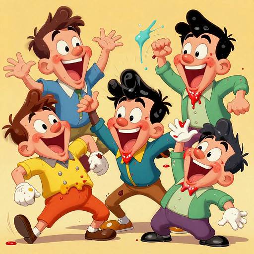 Cartoon illustration of five joyful, laughing boys in colorful clothes, raising fists and pointing, with blood splatters and a blue splash in the background.