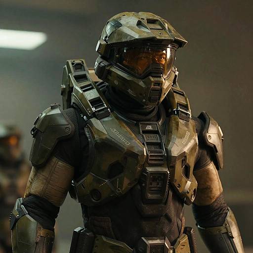 Photograph of a muscular male soldier in dark, detailed, futuristic armor with a reflective helmet, standing in a dimly lit, industrial background.
