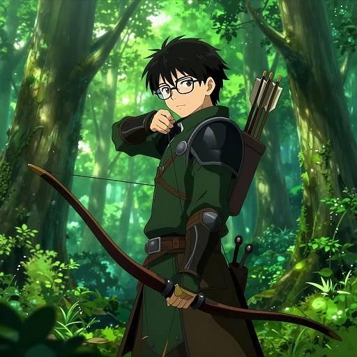 Anime-style digital drawing of a black-haired, glasses-wearing archer in a green forest, wearing armor and a quiver, holding a bow.