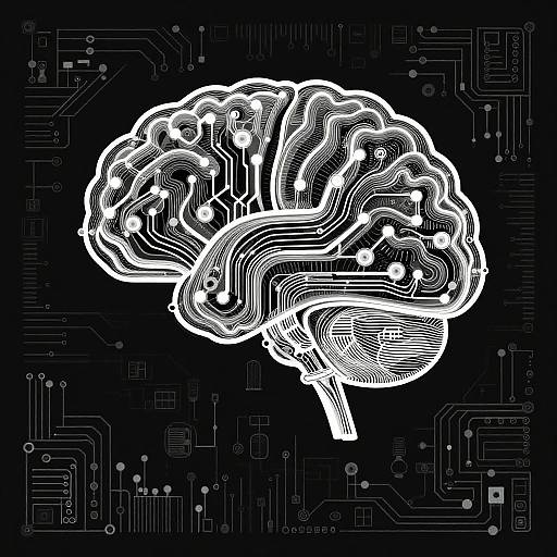 Digital drawing of a white, intricately outlined brain with circuitry patterns on a black background, symbolizing neural networks and technology.