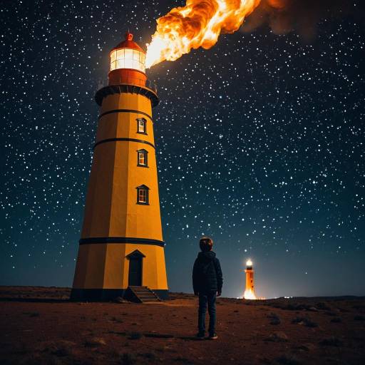Boy Standing by Giant Lighthouse Under Starry Sky