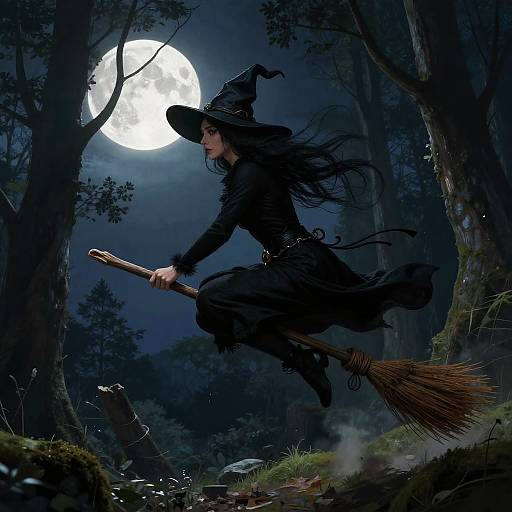 Witch Flying Over Moonlit Forest