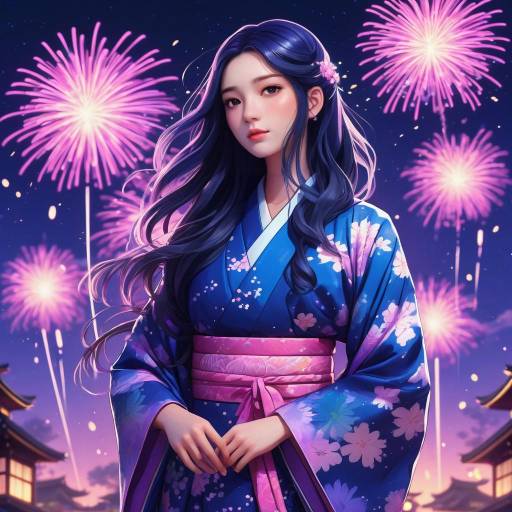 Woman in Blue Kimono with Fireworks
