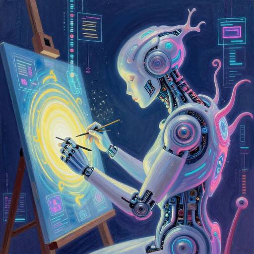 Digital artwork of a neon-lit, robotic humanoid painting a glowing, circular, cosmic scene on an easel with futuristic, glowing interfaces.