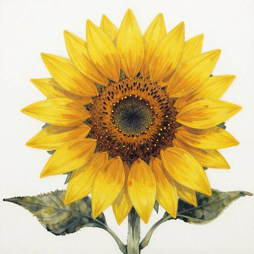 Vibrant watercolor of a large, detailed sunflower with bright yellow petals and a dark brown center, set against a white background.