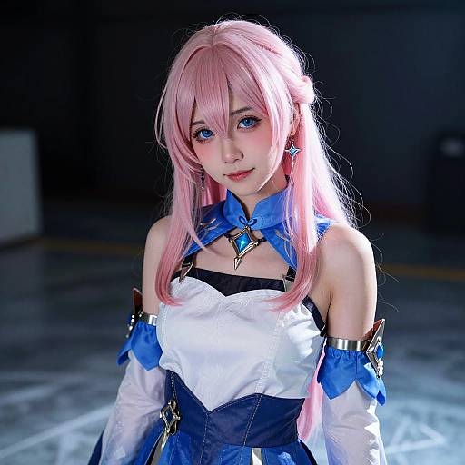 Photograph of a young woman with pink hair, blue eyes, and blue-white cosplay outfit, standing in a dimly lit room.