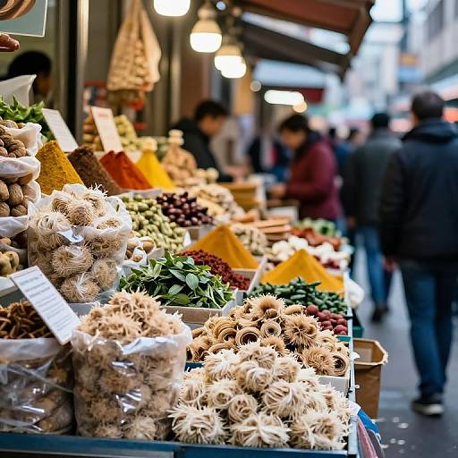 Photograph of a bustling outdoor market stall with spiky durian fruits in the foreground, colorful produce, and blurred pedestrians in the background. Warm,