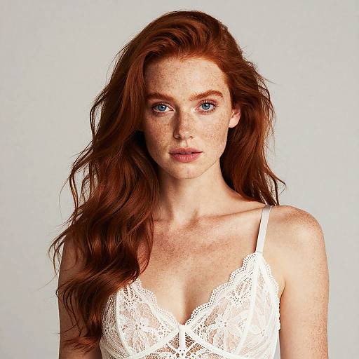 Photograph of a freckled, red-haired woman with blue eyes, wearing a white lace bralette, set against a plain white background.