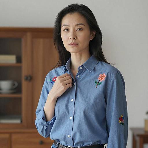 Photograph of an Asian woman with long black hair, wearing a blue embroidered shirt with red and orange flowers, standing in front of a wooden cabinet.