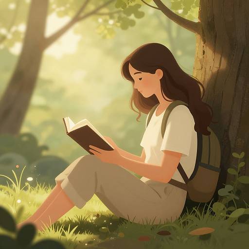 Digital illustration of a young woman with long brown hair, reading a book, sitting against a tree in a sunlit forest. She wears a white shirt
