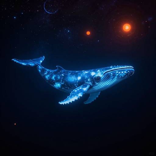Digital artwork of a glowing blue whale against a starry, cosmic background with bright orange and red stars.