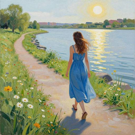 Woman in Blue Dress by Lakeside