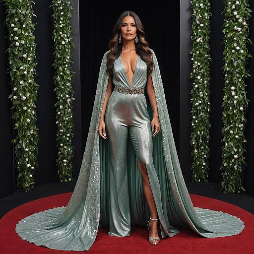 Woman in Metallic Silver Jumpsuit with Cape