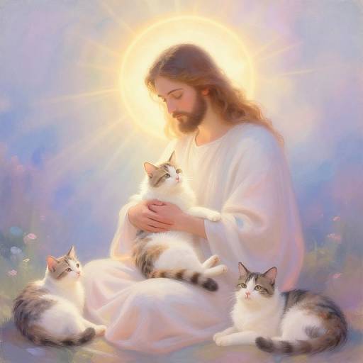 Digital painting of Jesus in white robe, surrounded by three white and grey cats, glowing halo, soft pastel background.