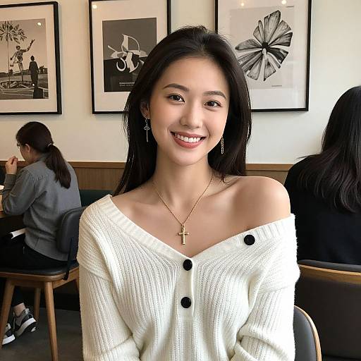 Photograph of an Asian woman with long black hair, smiling, wearing an off-shoulder white knit sweater and gold necklace, in a café with