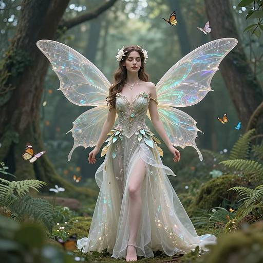 Photograph-style digital illustration of a fairy-like woman with iridescent wings, wearing a shimmering, leaf-adorned white gown, standing in