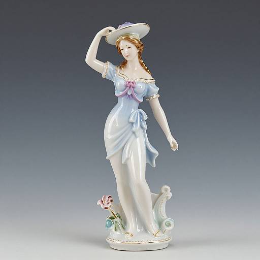 Photograph of a porcelain statue of a fair-skinned woman with red hair, wearing a white off-shoulder dress and hat, standing with flowers