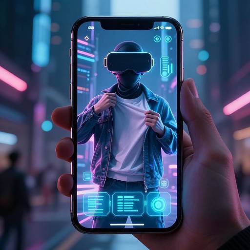 Photograph of a hand holding a smartphone displaying a virtual reality avatar in a neon-lit urban street, wearing a VR headset and denim jacket.