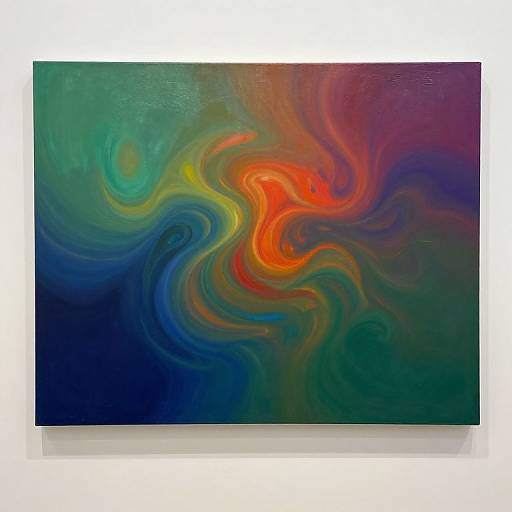 Abstract digital painting with swirling, wavy patterns in vibrant colors—red, orange, yellow, green, blue, purple—creating a dynamic, psychedelic