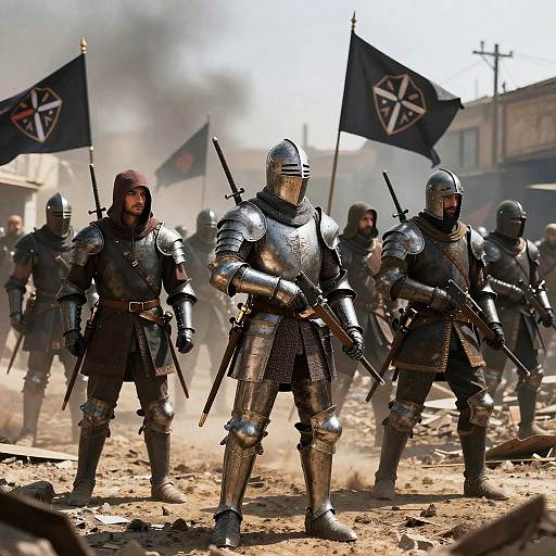 Photograph of medieval knights in silver armor, holding swords, standing in a dusty battlefield with black flags bearing red stars. Smoke and debris fill the background