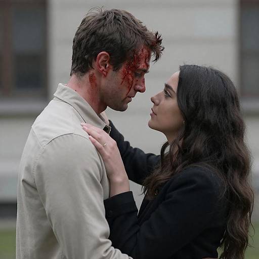 Man and Woman in Close Embrace with Bloodied Face