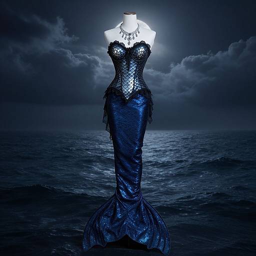 Photograph of a blue, sequined mermaid dress on a mannequin, standing in dark ocean water under a stormy, moonlit sky