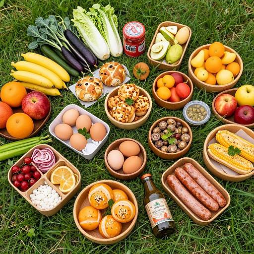 Vibrant photograph of a picnic spread on grass featuring fruits, vegetables, eggs, bread, sausage, and beverages in various bowls and containers.