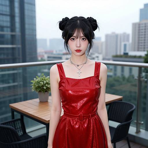 Stylish Asian Woman on City Balcony