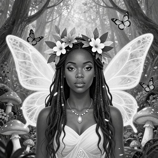 Black-and-white digital art of a dark-skinned woman with glowing butterfly wings, flower crown, and necklace, surrounded by mushrooms and butterflies in a forest
