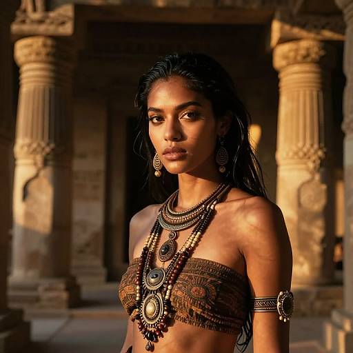 Photorealistic digital artwork of a beautiful Indian woman with dark skin and long black hair, adorned in intricate gold jewelry, standing in a sunlit ancient