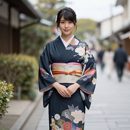 Photograph of a young Japanese woman in a black floral kimono with red and white obi, standing on a wet street, blurred background of traditional