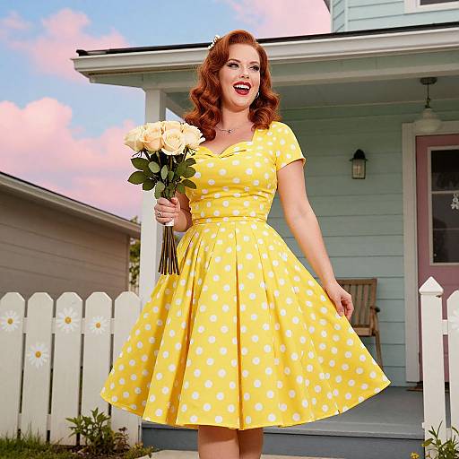 Vintage-style photograph of a smiling, red-haired woman in a yellow polka dot dress, holding roses, standing in front of a pastel blue house
