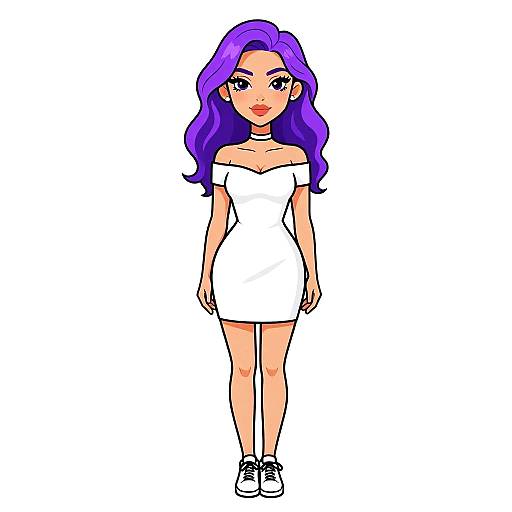 Digital drawing of a young woman with long, wavy purple hair, wearing an off-shoulder white dress, black choker, and white sneakers