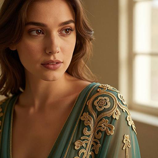 Photograph of a serious, light-skinned woman with wavy brown hair, wearing a teal dress with gold floral embroidery, standing in a softly lit