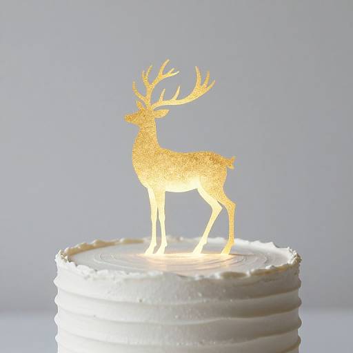 Photograph of a glowing, golden deer silhouette candle on a white, ribbed, frosted cake against a soft blue background.