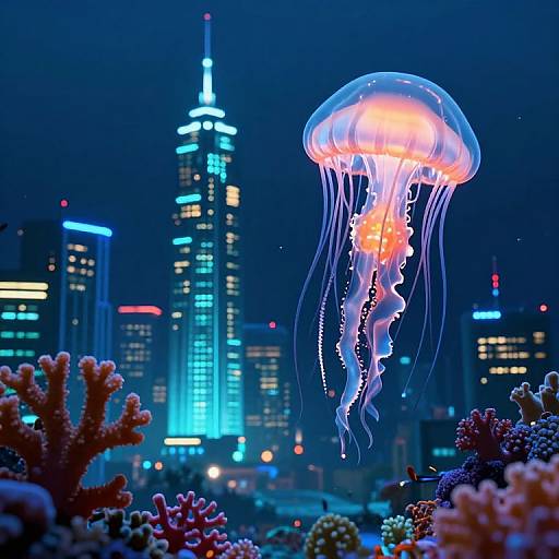 Photograph of a glowing jellyfish floating above a colorful coral reef against a backdrop of illuminated skyscrapers at night.