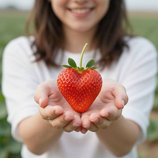 Photograph of a smiling woman in a white shirt holding a bright red, ripe strawberry close to the camera in a field.