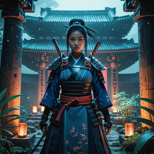 Futuristic Samurai in Bioluminescent Ruins