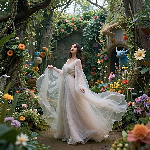 Photograph of a fair-skinned woman in a flowing white, sheer gown, standing in a magical, vibrant garden archway filled with colorful flowers and